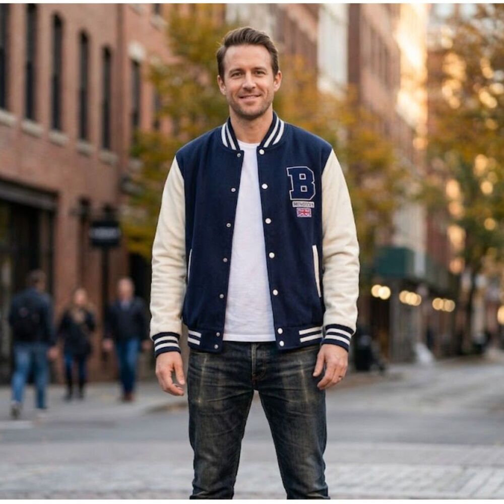ZONE ONE Blue Wool & Leather Varsity Bomber Jacket Men's M Collegiate Letterman